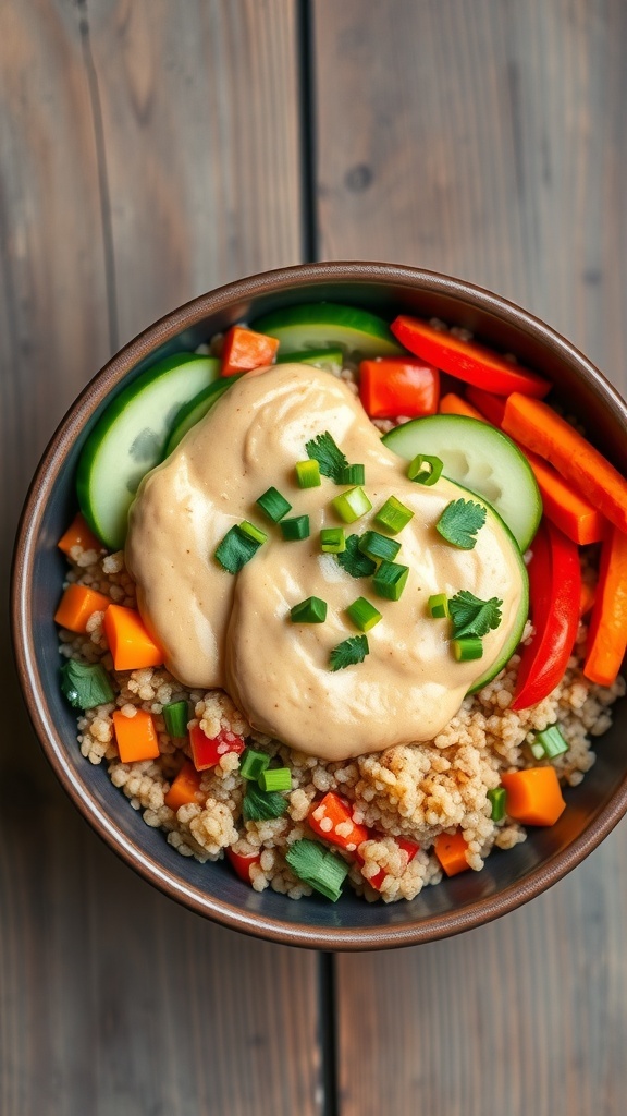 A colorful quinoa bowl with vegetables and peanut sauce, garnished with green onions and cilantro.